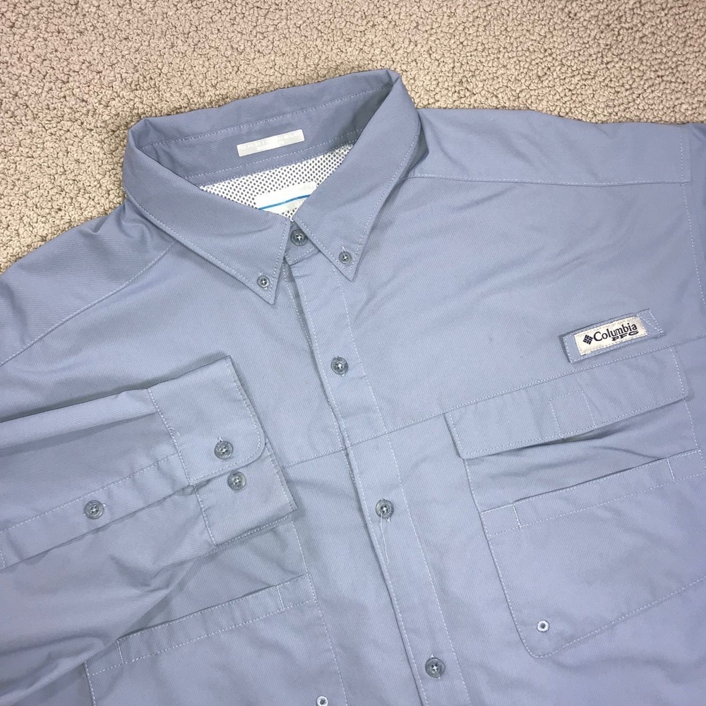 Columbia PFG Blood N Guts Fishing Shirt Mens XXL Blue Long Sleeve Omni Shield